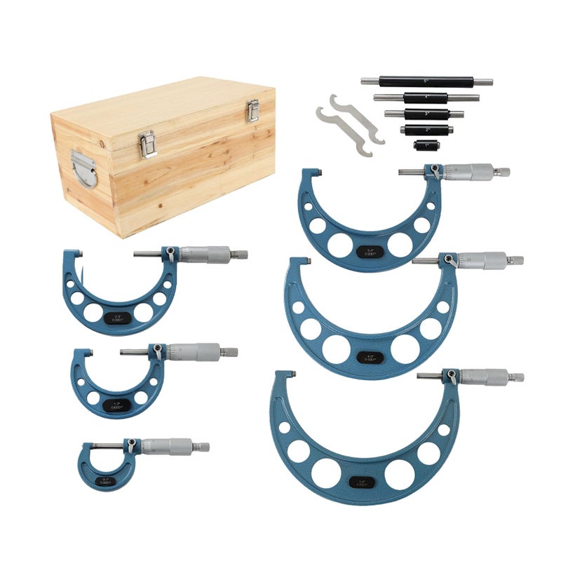 findmall 0-6" Outside Micrometer Set (0-1", 1-2", 2-3", 3-4", 4-5", 5-6"), 0.0001" Accurate Carbide Ratchet Handle Accuracy Machinist Tool Set with Carbide Tip - Image 1